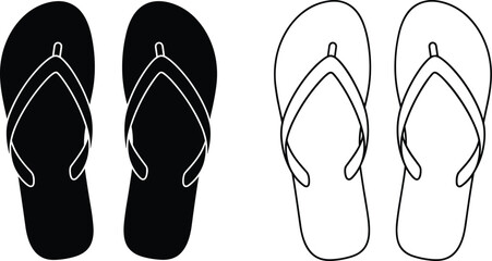 Minimalist flip flop vector icons in silhouette and outline styles, summer beach footwear symbols for travel, vacation, and holiday design. (20 words)
