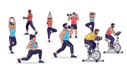 People engaging in various fitness activities like running cycling and yoga with dumbbells and exercise bikes