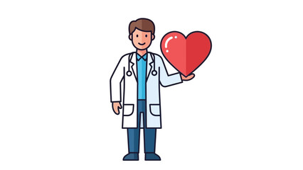 A smiling doctor in a white lab coat holding a large red heart in his hand standing on a white background