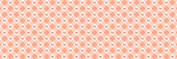 Seamless pattern of peach gingham checkers with cute small hearts. Aesthetic diagonal plaid background for textile, wrapping, and digital wallpaper design. 