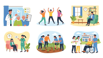 Elderly care and support illustrations showing people in various healthcare and daily living situations