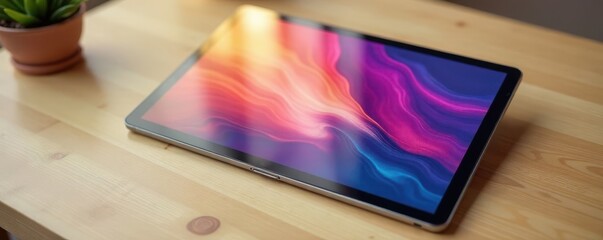 Modern tablet on light wood table, horizontal view, tech, photography