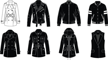 Set of diverse jacket and coat silhouettes including leather biker, bomber, parka, and trench coat icons for fashion design and apparel. (20 words) © MstHafiza