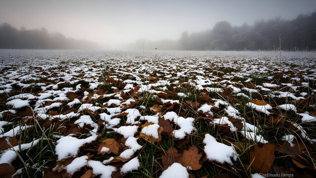 Overcast winter field with patchy snow on fallen leaves and grass, distant trees in fog.