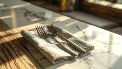 Elegant Table Setting with Fork and Spoon on Marble Countertop in Soft Natural Light