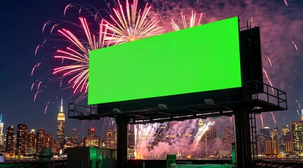 Green billboard mockup with colorful fireworks over city skyline at night for advertising
