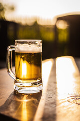 Golden beer in a clear glass mug rests on a wooden table, glowing in warm sunset light outdoor, refreshing beverage moment photography summer relaxation natural bokeh background.