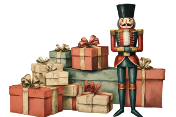 Nutcracker soldier stands proudly next to a stack of holiday gift boxes in a festive setting