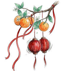 Chinese New Year Watercolor Illustration of Mandarin Branch and Red Lanterns