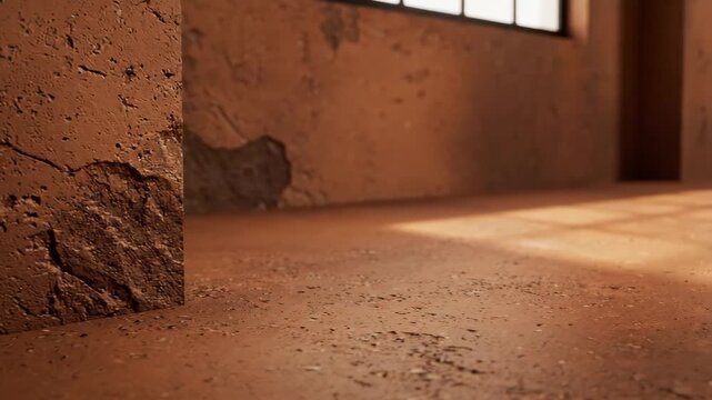Textured Wall Corner in Desert Tones - This stock video depicts a room with a textured wall corner, possibly made of clay or a similar material.