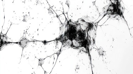 Microscopic view of interconnected biological neurons in a dark grey and white abstract pattern against a clean white background with intricate branching structures and cell bodies illuminated by