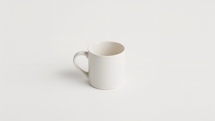 Fototapeta premium Plain white coffee mug on a white background. Minimalist and simple design. Coffee cup or tea mug. Basic ceramic drinking vessel.
