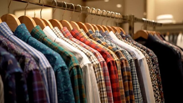 Shirts on Display - A close-up shot shows a row of colorful shirts hanging on a rack. The shirts have various patterns including floral, plaid and striped.
