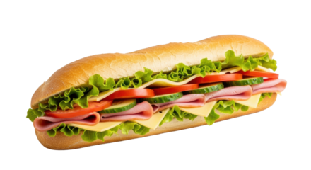 A perfectly crafted, mouth-watering submarine sandwich, golden-brown baguette, layered ham, crisp lettuce, red tomato, green cucumber, melted cheese, on a transparent surface with copy space, concept
