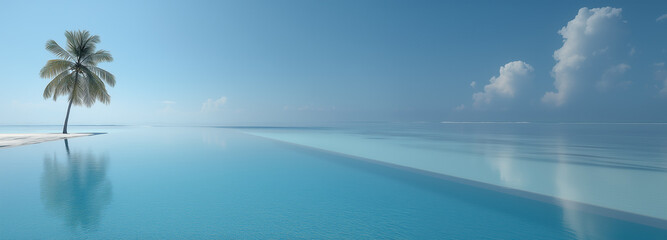 Tropical scene with a lone palm tree by a blue pool
