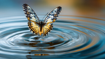 Butterfly touching water surface with ripple effect created