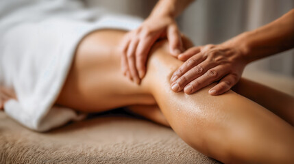 Hands massaging a patient's leg in a therapy session