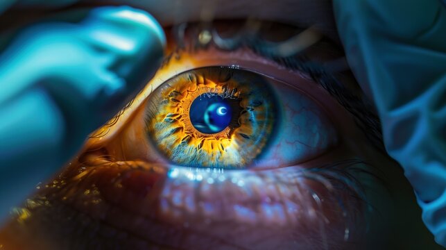 AMD/Low Vision Awareness Month: macro shot of human eye during examination, ophthalmology equipment reflection in pupil, medical professional's gloved hands holding diagnostic lens