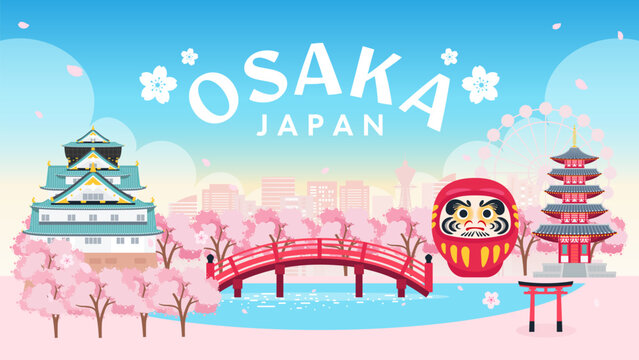 Osaka Japan vector illustration. Beautiful Osaka in spring landscape. Cherry Blossom festival