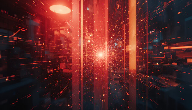 Vibrant red light explodes through dark futuristic server room - Powered by Adobe