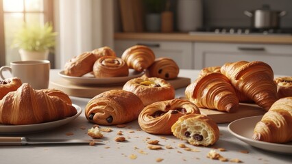 Assorted freshly baked croissants arranged on breakfast table.