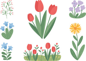 Obraz premium Spring flowers vector illustration set, colorful tulips and daisies garden plants for floral and nature design