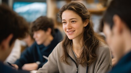 A language instructor leading an engaging group lesson with visual aids in a cozy classroom, fostering enthusiastic discussions among students who eagerly participate in the learning process.