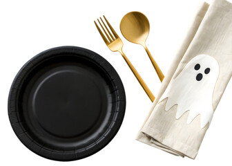 Elegant black disposable plate with gold cutlery and ghost napkin for Halloween party