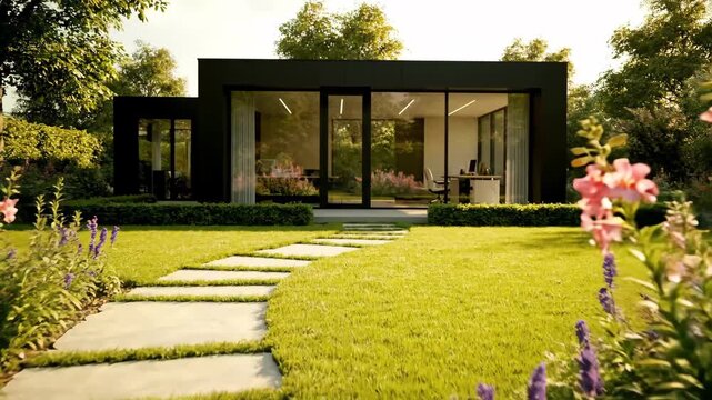 Modern Black Office Pod Exterior - Exterior shot of a modern, black office pod building with large windows on a manicured lawn.
