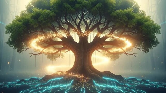 A large glowing futuristic tree with bright digital circuit patterns on its trunk and roots