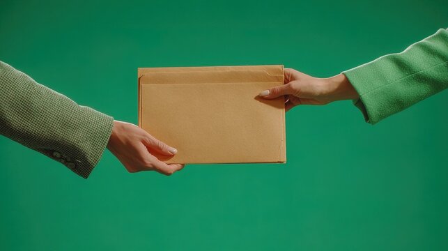 Conceptual Isolated Envelope Delivery With Human Hand on Vivid Green Background