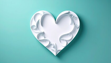 Elegant white heart shape with intricate paper cut design on teal background