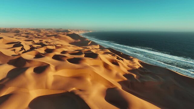 Stunning aerial drone footage of the Namib Desert where vast sand dunes meet the Atlantic Ocean. Dramatic contrast between golden dunes and deep blue water