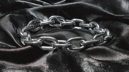 Shiny Metal Interlocked Chain Decoration on Dark Black Fabric Surface