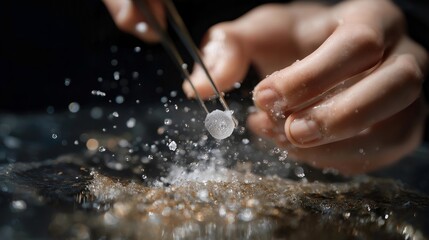 A researcher lowering a superconducting disc into a cryogenic bath of liquid nitrogen, frost spreading instantly across the metal tongs as the disc begins to levitate — quantum physics