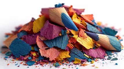 Vibrant Close-up of Colored Pencil Shavings and Whole Pencil on White Background