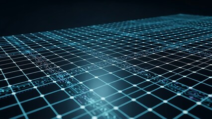 A grid with interconnected dots creating a futuristic digital network