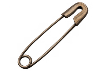 Antique safety pin object in rustic bronze finish, fastening tool for sewing and crafting with transparent background