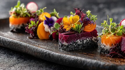 Creative Close Up Gourmet Layered Appetizer with Colorful Edible Flower Decoration