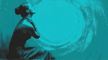 Textured Woman Silhouette in Meditative Pose with Turquoise Swirl Background