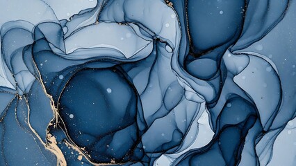 Abstract blue ink artwork with elegant, flowing shapes and textures