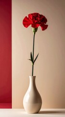 Fototapeta premium Single Red Carnation Flower in Beige Vase Against a Two Tone Background