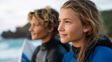 A pair of enthusiastic learners sharing tips and support while waiting for the perfect wave at surf school, highlighting the importance of friendship and teamwork in mastering the sport. cinematic