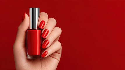 Elegant Woman Hand Holding a Glossy Red Nail Polish Bottle Manicure