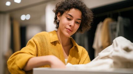 A shopper placing rejected items gently into a designated return bin, part of a clean and organized fitting room designed for effortless customer flow. cinematic color correction, natural uneven