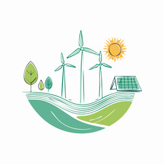 A colorful drawing showcases renewable energy with wind turbines, solar panels, and trees on a green landscape.