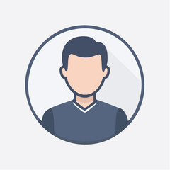A modern vector icon of a man with short, dark hair and a dark blue v-neck t-shirt within a white circle with a shadow.