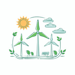 A hand-drawn illustration depicting wind turbines, a solar panel, and the sun surrounded by leaves.