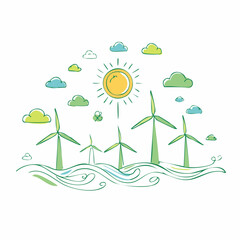 A dynamic illustration portrays numerous wind turbines harnessing energy from the wind above wavy terrain.