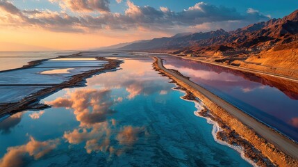 Aerial Tranquil Sunset Landscape with Colorful Salt Ponds and Reflections